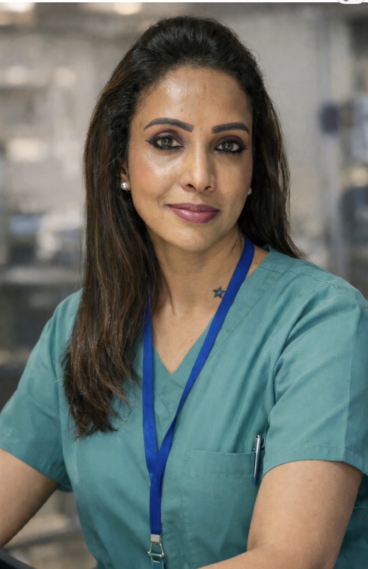 Dr. DeepaShree wearing teal medical scrubs